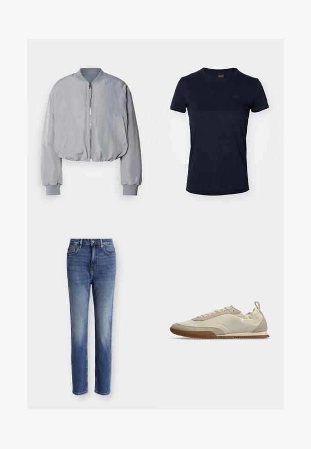 Gekürzte hellgraue Bomberjacke mit geripptem Kragen, Reißverschluss vorne, zwei seitlichen Taschen und elastischen Bündchen und Saum. Glatte Stoffstruktur.; Navyblaue Kurzarm-T-Shirt aus weichem Material. Mit Rundhalsausschnitt und einem dezenten, auf der Vorderseite aufgedruckten Logo.; Midblaue Jeans mit hoher Taille und geradem Bein, vorne Taschen, Gürtelschlaufen, Knopfverschluss und dezenten, ausgewaschenen Details an Oberschenkeln und Knien.; Niedrig geschnittener beiger Sneaker mit weißen Schnürsenkeln, Wildledereinsätzen, brauner Gummisohle und einer Zuglasche an der Ferse.