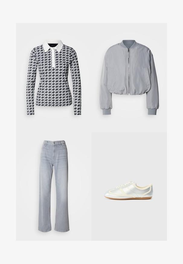 Veste bomber grise claire taillée avec un col côtelé, une fermeture éclair sur le devant, deux poches latérales et des poignets et un ourlet élastiques. Texture de tissu lisse.; Polo à manches longues avec un motif pied-de-poule en bleu marine et blanc. Il est doté d'un col blanc et d'une patte de boutonnage, fabriqué dans un tissu lisse.; Jean large gris clair à taille haute, en denim. Doté de poches avant, d'une fermeture éclair et d'un léger délavage sur l'ensemble.; Baskets synthétiques argentées avec accents crème, profil bas, bout arrondi et semelle en caoutchouc plate ; dotées de coutures classiques et d'une fermeture à lacets.