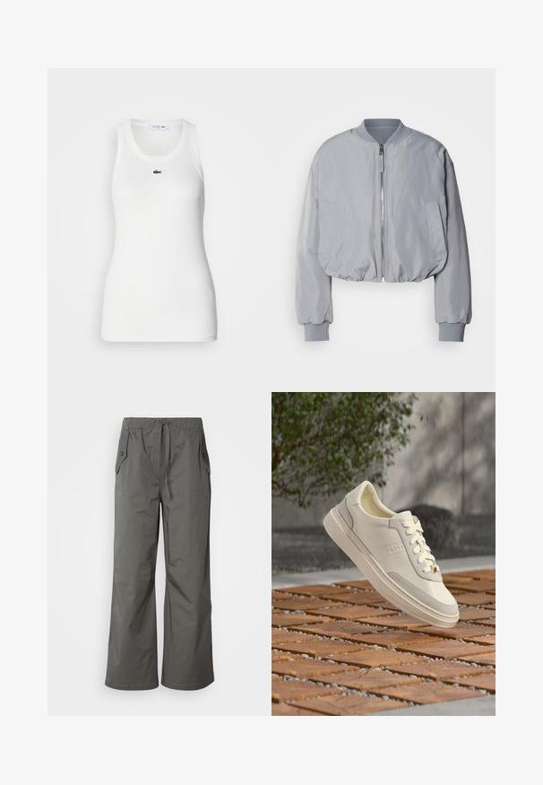 Veste bomber grise claire taillée avec un col côtelé, une fermeture éclair sur le devant, deux poches latérales et des poignets et un ourlet élastiques. Texture de tissu lisse.; Débardeur blanc sans manches avec un col rond et une texture côtelée. Présente un petit logo crocodile vert de Lacoste sur la poitrine.; Pantalons gris à jambes larges en tissu léger, dotés d'une taille élastique, d'un cordon de serrage et de deux poches latérales avec des accents en bouton.; Baskets blanches BOSS à lacets flottant au-dessus d'un sol en bois et galets à motifs, arbuste vert et mur gris en arrière-plan.