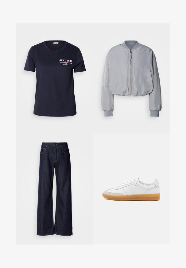 Veste bomber grise claire taillée avec un col côtelé, une fermeture éclair sur le devant, deux poches latérales et des poignets et un ourlet élastiques. Texture de tissu lisse.; T-shirt en coton bleu marine avec un col V, à manches courtes, arborant un logo en texte blanc et rouge "GANT 1949" et des accents de design sur la poitrine gauche.; Jean en denim noir à jambes larges et taille haute, avec poches avant et détails de couture subtils. Texture lisse avec une coupe classique.; Baskets en cuir blanc avec des accents en suédine beige, semelle en caoutchouc gomme et design à lacets. Présente un logo discret en doré.