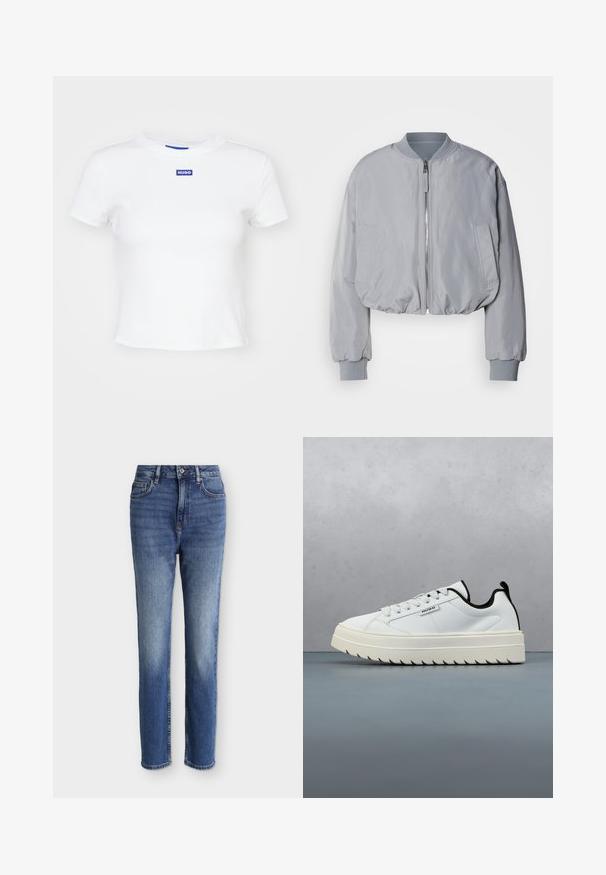 Chaqueta bomber de color gris claro, recortada, con cuello acanalado, cierre de cremallera en la parte frontal, dos bolsillos laterales y puños y dobladillo elásticos. Textura de tela suave.; Camiseta de algodón blanca con mangas cortas, escote redondo y un parche rectangular azul con el logo "HUGO" en el centro delantero.; Vaqueros de tiro alto y pernera recta en azul medio, con bolsillos delanteros, trabillas para cinturón, cierre de botón y sutiles detalles desgastados en los muslos y las rodillas.; Zapatilla de cuero blanca con una suela gruesa y texturizada de diseño serrado. Los acentos negros en el talón y la lengüeta añaden contraste.