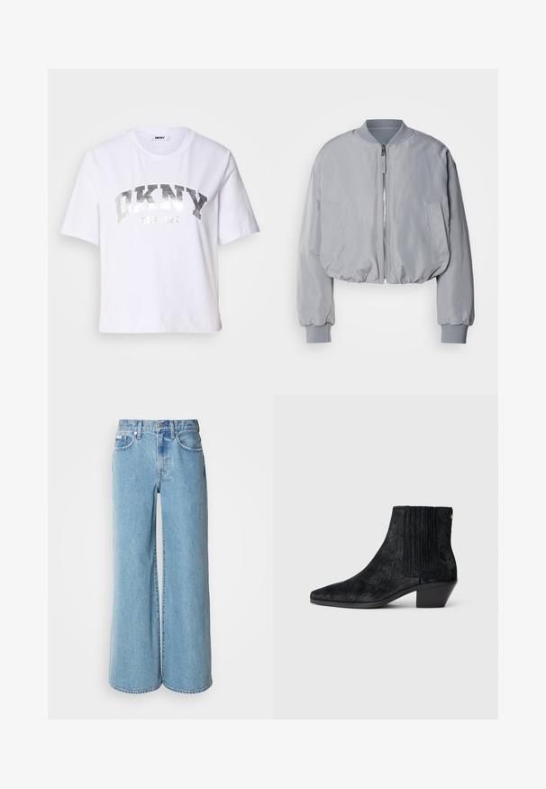 Chaqueta bomber de color gris claro, recortada, con cuello acanalado, cierre de cremallera en la parte frontal, dos bolsillos laterales y puños y dobladillo elásticos. Textura de tela suave.; Camiseta corta blanca de algodón, con un estampado metálico plateado que dice "DKNY" y "New York" en letras grandes y en negrita.; Jeans de mezclilla de corte ancho en un tono azul claro, con cintura alta, diseño de cinco bolsillos y un ligero desgastado en la tela.; Botín negro hasta el tobillo con punta afilada, material texturizado similar al pelo, panel lateral acanalado y un tacón bajo y cuadrado. Diseño simple y moderno.