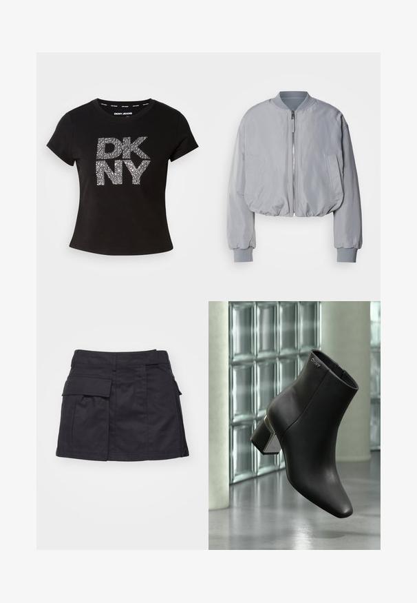Afskåret lys grå bomberjakke med ribbet krave, lynlås foran, to sidelommer og elastiske manchetter og kant. Glat stofoverflade.; Sort kortærmet t-shirt med et struktureret metalisk sølv "DKNY" logo på forsiden. Fremstillet af blødt stof med en rund halsudskæring.; Sort cargo mini skirt lavet af bomuld. Har sidelommer og et fladt frontdesign med en let fransede kant.; Sort læderankelstøvle med blokhæl, DKNY-logo nær toppen, vist foran en glasblokvæg og poleret betongulv.