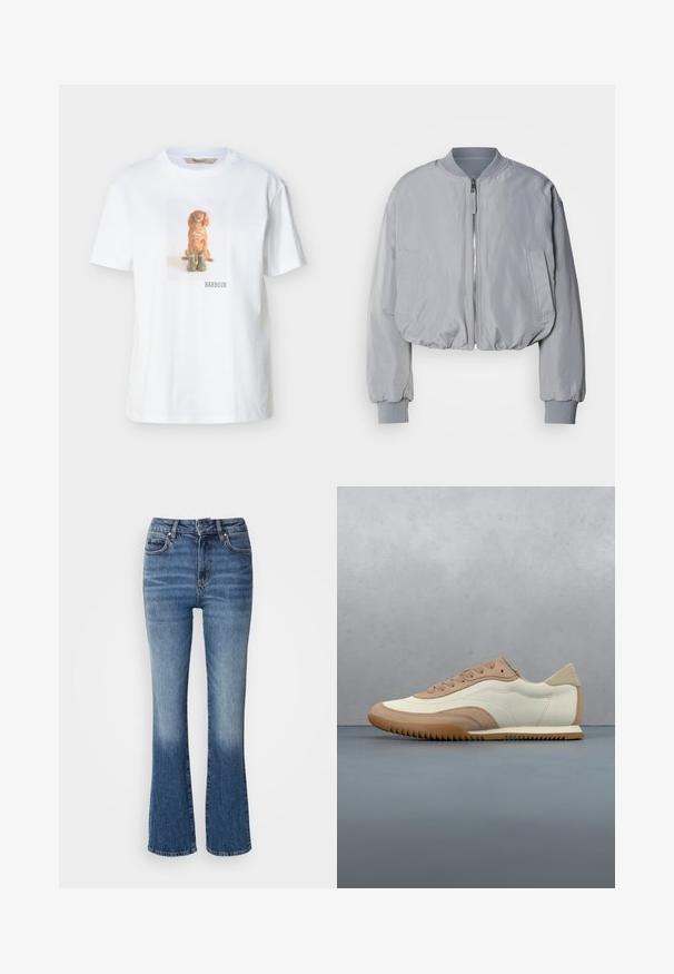 Veste bomber grise claire taillée avec un col côtelé, une fermeture éclair sur le devant, deux poches latérales et des poignets et un ourlet élastiques. Texture de tissu lisse.; T-shirt blanc avec une impression centrée d'un chien marron assis derrière deux bottes vertes et le texte "BARBOUR" en dessous.; Jean flare en denim avec un dégradé de bleu clair à foncé, taille haute, cinq poches et un léger délavage sur le bas des jambes.; Baskets crème et beige avec une tige texturée, des lacets et une semelle en caoutchouc, présentées au-dessus d'une surface en bois avec des cailloux.