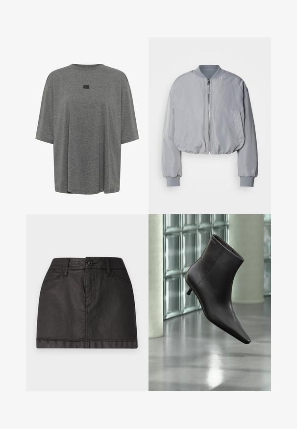 Veste bomber grise claire taillée avec un col côtelé, une fermeture éclair sur le devant, deux poches latérales et des poignets et un ourlet élastiques. Texture de tissu lisse.; T-shirt oversize gris en tissu doux. Présente un col rond, des manches courtes et un logo subtil au centre.; Jupe mini en denim noir avec une fermeture à boutons à l'avant, des passants de ceinture et deux poches avant. Texture lisse avec un subtil éclat.; Bottine en cuir noir avec bout pointu et petit talon, présentée devant un mur en blocs de verre et un sol poli.