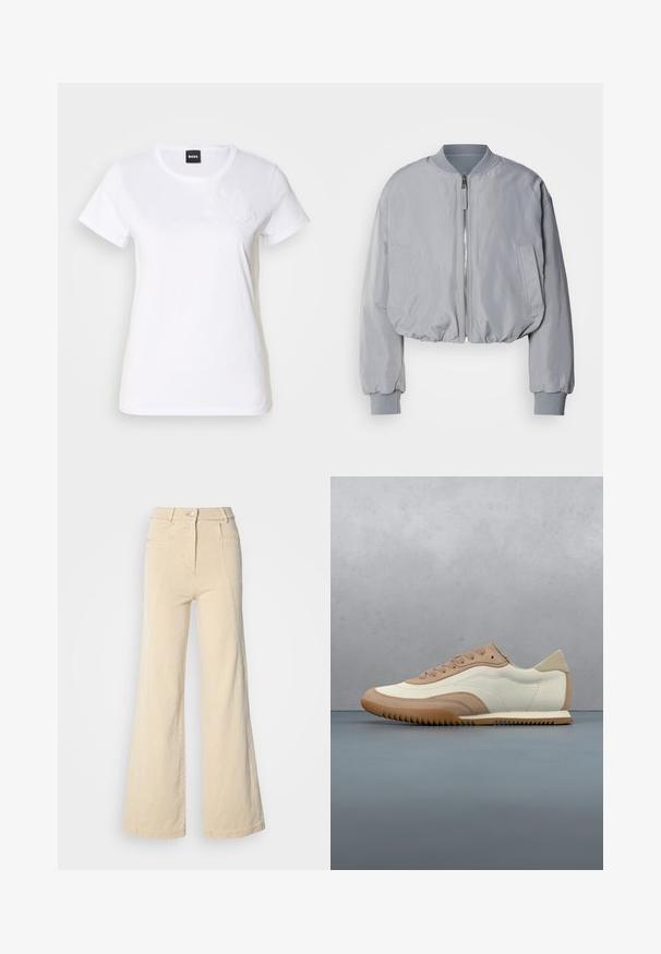 Veste bomber grise claire taillée avec un col côtelé, une fermeture éclair sur le devant, deux poches latérales et des poignets et un ourlet élastiques. Texture de tissu lisse.; T-shirt en coton blanc à manches courtes. Présente une broderie florale ton sur ton sur la poitrine gauche. Design classique à col rond.; Jeans beige à jambes larges avec taille haute, poches avant, et couture contrastée, dotés d'une fermeture à bouton et d'une texture en coton lisse.; Baskets crème et beige avec une tige texturée, des lacets et une semelle en caoutchouc, présentées au-dessus d'une surface en bois avec des cailloux.