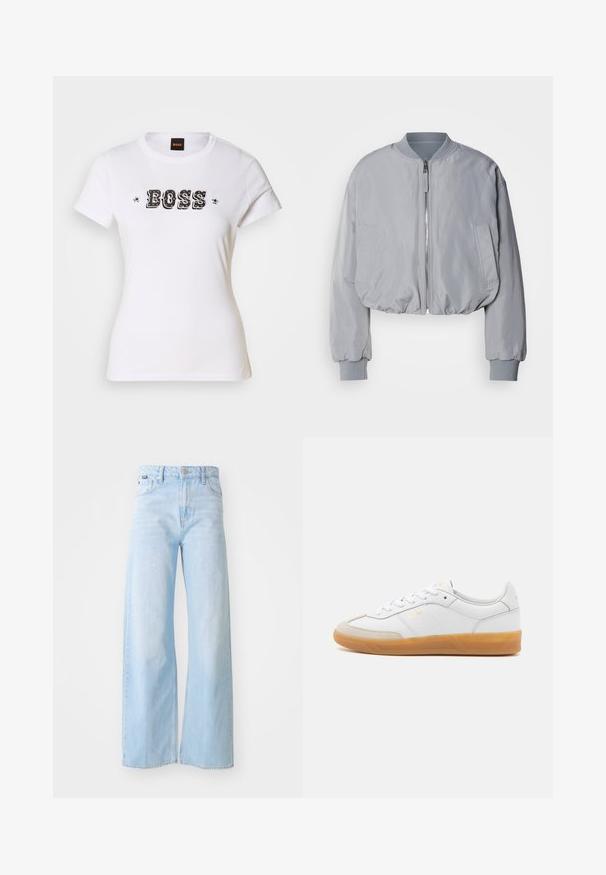 Veste bomber grise claire taillée avec un col côtelé, une fermeture éclair sur le devant, deux poches latérales et des poignets et un ourlet élastiques. Texture de tissu lisse.; T-shirt en coton blanc avec col rond, arborant un logo "BOSS" en noir et des accents d'étoiles dans un design graphique audacieux. Manches courtes et coupe standard.; Jeans à jambes larges bleu clair en denim, à taille haute, avec poches avant, fermeture à bouton et détails de couture au bas.; Baskets en cuir blanc avec des accents en suédine beige, semelle en caoutchouc gomme et design à lacets. Présente un logo discret en doré.