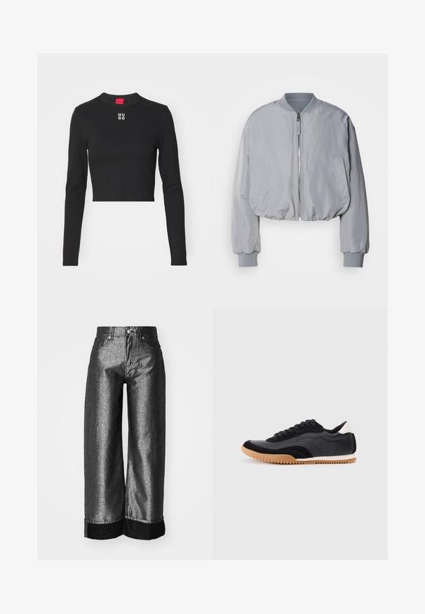Veste bomber grise claire taillée avec un col côtelé, une fermeture éclair sur le devant, deux poches latérales et des poignets et un ourlet élastiques. Texture de tissu lisse.; Top court à manches longues noir en tissu lisse, avec un col rond et un logo "HUGO" blanc au centre de la poitrine.; Jeans à jambes larges en denim gris métallique foncé avec une texture lisse. Comprend un revers en denim noir et une fermeture à bouton classique avec passants de ceinture.; Chaussures de sport noires et grises en matériaux synthétiques, avec un embout noir texturé, une semelle en caoutchouc rainurée et un accent blanc au talon.
