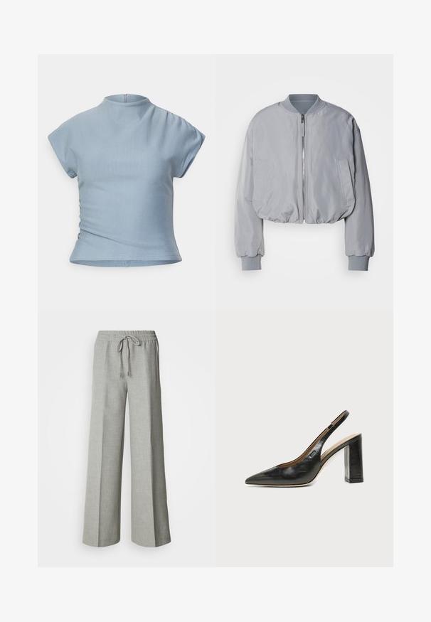 Veste bomber grise claire taillée avec un col côtelé, une fermeture éclair sur le devant, deux poches latérales et des poignets et un ourlet élastiques. Texture de tissu lisse.; Haut bleu clair à manches courtes avec un col haut, design ajusté, détails froncés aux épaules et fermeture éclair invisible au dos.; Pantalon ample gris clair avec taille élastique et cordon de serrage, poches avant, et tissu texturé subtil.; Chaussure slingback en cuir noir à bout pointu avec un talon bloc haut et une doublure intérieure beige sur un fond clair uni.