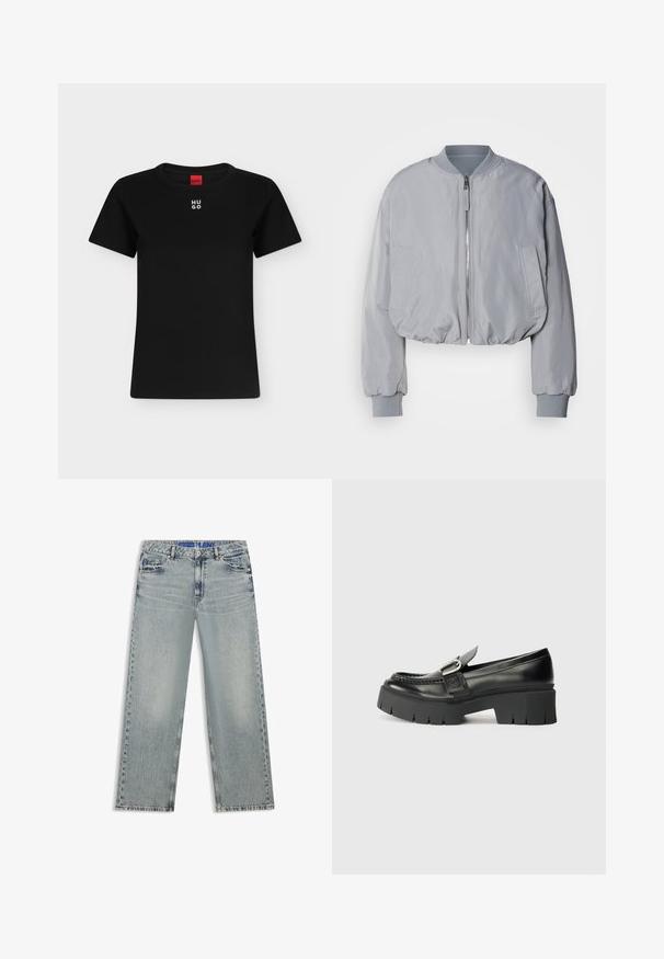 Veste bomber grise claire taillée avec un col côtelé, une fermeture éclair sur le devant, deux poches latérales et des poignets et un ourlet élastiques. Texture de tissu lisse.; T-shirt noir à manches courtes avec col rond et logo blanc "HUGO" centré près du col, étiquette rouge à l'intérieur de l'encolure.; Jean large bleu clair en denim, avec des zones délavées, cinq poches et une ceinture bleue à logo.; Mocassins en cuir noir avec une semelle en caoutchouc épaisse. Présentent un accent de boucle et des détails cousus sur le dessus. Talon plat.