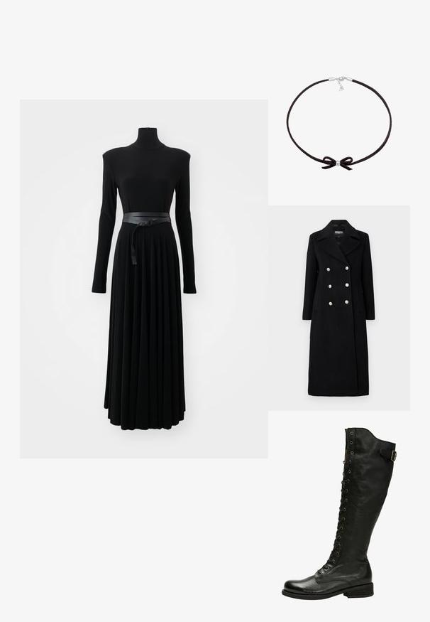Abrigo de mezcla de lana negro, de doble botonadura, con un amplio cuello, botones plateados, mangas largas y bolsillos laterales.; Norma Kamali SHOULDER PAD TURTLE FLARED DRESS TO MIDCALF - Vestido ligero - black; Bota de cuero negro hasta la rodilla con cordones en el frente, ojales de plata y hebilla lateral. Presenta un acabado texturizado y tacón apilado.; Choker de ante negro con un pequeño bead plateado central y un detalle de lazo, que cuenta con un cierre simple y una cadena ajustable.