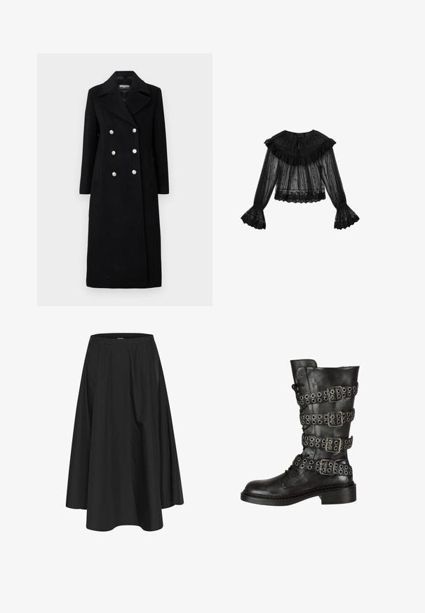 Abrigo de mezcla de lana negro, de doble botonadura, con un amplio cuello, botones plateados, mangas largas y bolsillos laterales.; Blusa negra transparente de manga larga con volantes de encaje en los hombros, puños y dobladillo, con bordados de estrellas y flores y escote redondo con lazo.; Falda negra hasta la rodilla con cintura elástica, con pliegues para dar volumen y una textura suave. Diseño simple y clásico sin adornos.; Bota de cuero negro hasta la rodilla con múltiples hebillas y ojetes plateados, con punta redonda y un tacón bajo en bloque. Acabado texturizado.