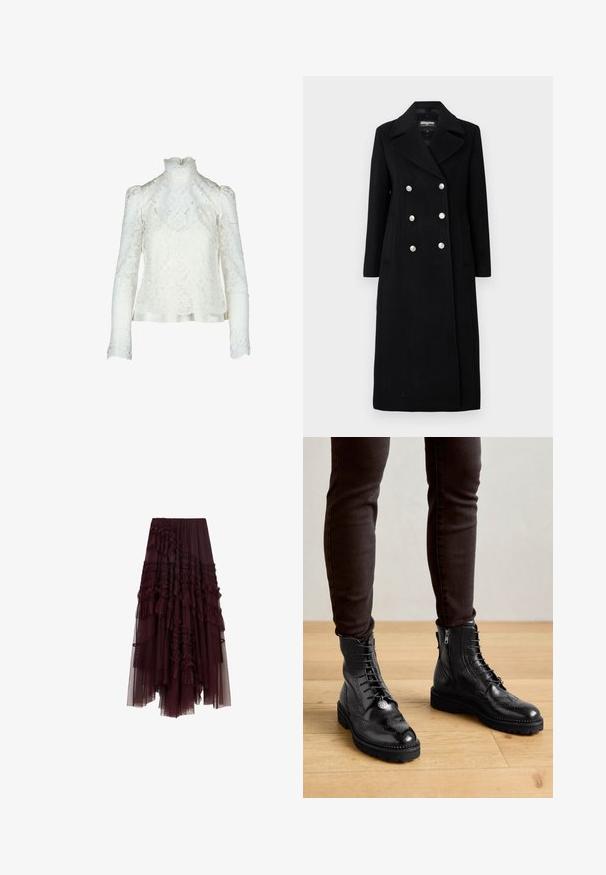 Abrigo de mezcla de lana negro, de doble botonadura, con un amplio cuello, botones plateados, mangas largas y bolsillos laterales.; Blusa de encaje blanca con cuello alto, mangas largas abullonadas y patrón floral. Ribete de satén en la parte inferior para un detalle añadido.; Falda de tul burdeos con capas acampanadas, cinturilla elástica y longitudes variadas, que presenta una textura suave y ligera.; Botas negras de cuero hasta el tobillo con detalles de brogue, cordones en la parte delantera, cremalleras laterales y suelas de goma texturizadas. Combinadas con pantalones oscuros de corte slim.