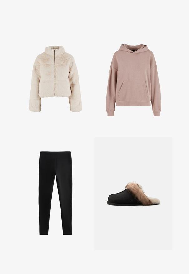 Gefütterte kurz geschnittene Jacke aus weichem Beige mit hohem Kragen, vollem Reißverschluss und weitem Ärmeln mit elastischen Bündchen.; Helles rosa Sweatshirt mit Kapuze, Kängurutasche, überschnittenen Schultern und gerippten Bündchen. Hergestellt aus weichem, strukturiertem Stoff.; Schwarze Leggings aus dehnbarem Material, mit einer körperbetonten Passform ohne sichtbare Nähte oder Taschen, geeignet für verschiedene Aktivitäten.; Schwarzer Slip-On-Hausschuh mit dickem hellbraunem und cremefarbenem Pelzbesatz rund um die Ferse und im Inneren, flacher Sohle sowie UGG-Logo an der Seite.