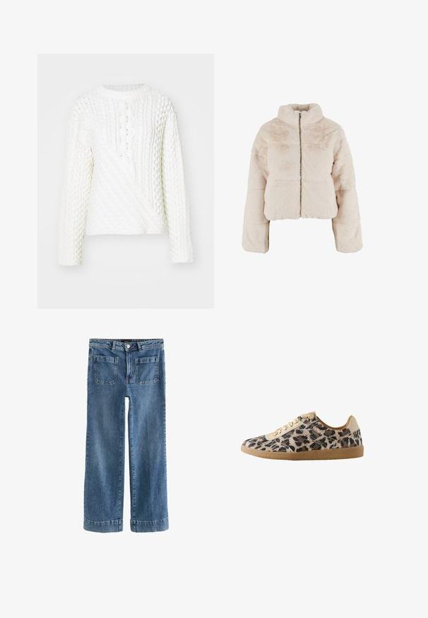 Veste cropped en fausse fourrure beige doux, dotée d'un col montant, d'une fermeture éclair avant intégrale et de manches larges avec des poignets élastiqués.; Pull en tricot blanc avec un motif en relief de type cable, encolure ronde et manches longues. Le design comprend une section avant en diagonale.; Jean en denim bleu à jambes larges avec un léger délavage, dotée de deux poches arrière et de ourlets repliés. Tissu résistant avec une texture lisse.; Sneaker basse avec imprimé léopard beige et marron, lacets beiges et semelle en caoutchouc naturel.