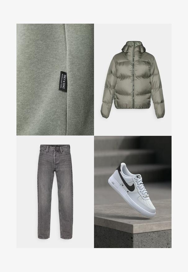 Puffjakke i olivengrøn med høj krave, lynlås foran og elastiske manchetter. Let quiltet design med diskret brandingdetalje.; Lys grøn stof med en glat tekstur, der har et sort mærke med teksten "ONLY & SONS." Stoffet viser fine strikkemønstre.; Grå denimjeans med lige pasform, fem lommer og en let slidt tekstur. Har en varemærket livrem og standard hardware.; Hvid Nike Air Force 1 sneaker med sort swoosh-logo, svævende over en betonforkant med slørede trapper i baggrunden.
