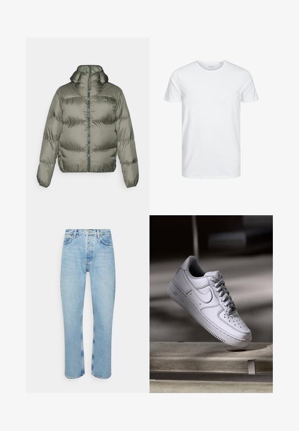 Doudoune en vert olive, avec un col montant, une fermeture éclair à l'avant et des poignets élastiques. Design légèrement matelassé avec un détail de marque subtil.; T-shirt à col rond à manches courtes de couleur blanche unie, fabriqué en coton doux, avec un design simple sans motifs ni accents visibles.; Jean en denim bleu clair avec une coupe droite, taille haute, design à cinq poches et détails de couture visibles sur les coutures et les ourlets.; La basket Nike Air Force 1 en cuir blanc présente un embout perforé, des lacets plats et une semelle en caoutchouc texturée avec le logo « AIR » sur le côté.