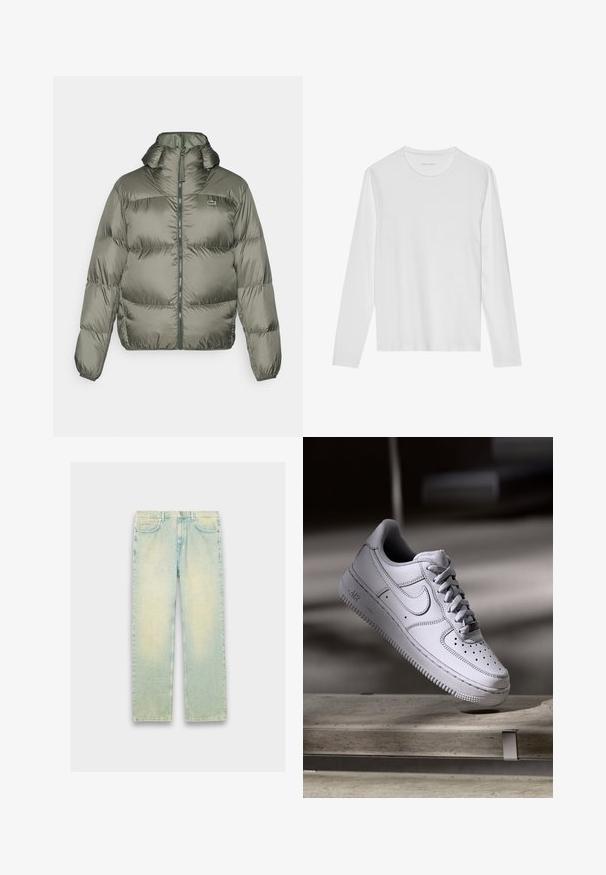 Doudoune en vert olive, avec un col montant, une fermeture éclair à l'avant et des poignets élastiques. Design légèrement matelassé avec un détail de marque subtil.; T-shirt blanc à manches longues en coton doux, avec un col rond et une texture lisse sans motifs ni accents visibles.; Jeans en denim bleu clair à coupe ample, dotés de cinq poches, d'une fermeture éclair et d'une finition délavée au niveau des cuisses et des genoux.; La basket Nike Air Force 1 en cuir blanc présente un embout perforé, des lacets plats et une semelle en caoutchouc texturée avec le logo « AIR » sur le côté.