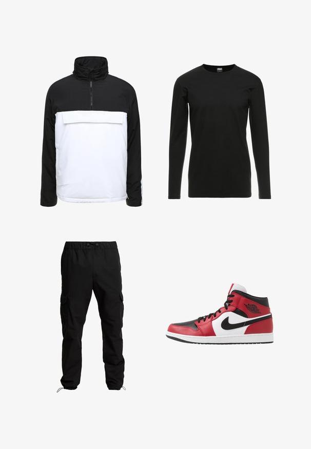Schwarz-weißer Pullover mit hohem Kragen, Reißverschluss vorne und großer Fronttasche. Hergestellt aus leichtem Stoff mit glatter Oberfläche.; Urban Classics STRETCH TERRY - Langarmshirt - black; Schwarze Cargo-Hosen aus strapazierfähigem Stoff, mit elastischem Bund, verstellbaren Kordeln und Seitentaschen mit Klappen.; Jordan AIR JORDAN 1 MID - Sneaker high - black/gym red