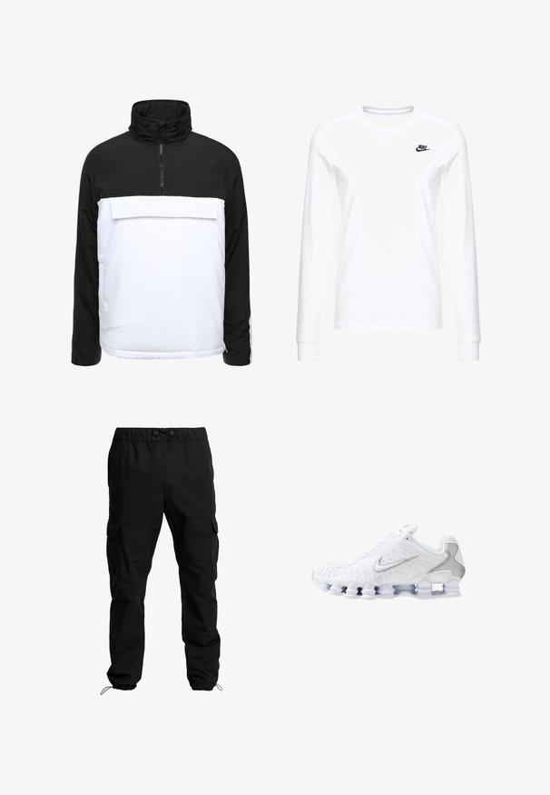 Zwart-wit pullover jack met een hoge kraag, een rits aan de voorkant en een grote voork pocket. Gemaakt van lichte stof met een gladde afwerking.; Witte lange mouwen T-shirt van katoen, met een klein zwart Nike-logo op de linkerkant van de borst en een ronde halslijn. Gladde textuur.; Zwarte cargobroek van duurzaam materiaal, met een elastische tailleband, verstelbare trekkoorden en zijzakken met kleppen.; Witte sportschoenen met een gestructureerd bovenwerk, een zilveren swoosh-logo, meshpanelen en een opvallende gesegmenteerde witte zool.
