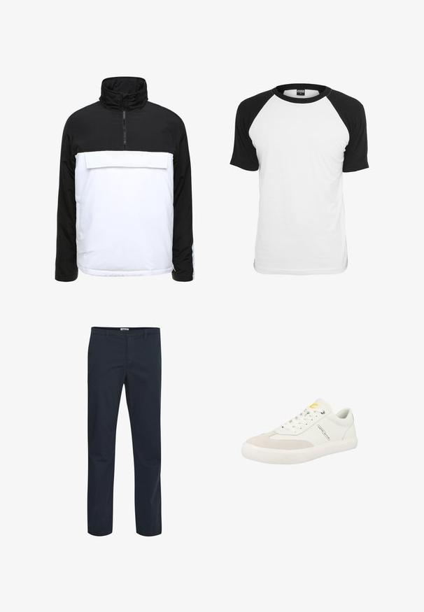 Chaqueta de pulóver en blanco y negro con un alto cuello, frente con cremallera y un gran bolsillo frontal. Fabricada con un tejido ligero y de acabado suave.; Urban Classics RAGLAN CONTRAST - Camiseta estampada - white/black; Pantalones azul marino fabricados con tejido de mezcla de algodón. Presentan un diseño clásico con bolsillos frontales y cremallera. Textura suave.; Zapatillas blancas con una puntera de ante texturizado, lados de cuero liso y suela de goma. Presenta detalles en amarillo y el logotipo en el costado.
