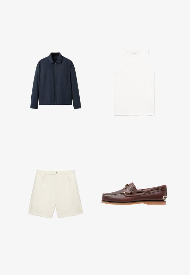 Veste homme bleu marine avec col, fermeture éclair à l'avant, manches longues et poches latérales sur fond blanc.; Débardeur blanc côtelé avec un col rond et une coupe sans manches. Texture lisse avec un motif de lignes subtiles ; ourlet fini en bas.; Shorts crème sur mesure avec fermeture à bouton devant, passants de ceinture et poches latérales, posés à plat sur fond blanc.; Chaussure bateau en cuir marron avec coutures blanches, détails de lacets et semelle en caoutchouc beige, vue de côté sur fond blanc.