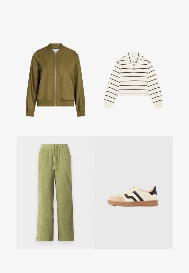 Olijfgroene bomberjack gemaakt van glad, glanzend materiaal. Heeft een ronde hals, ritssluiting aan de voorkant en aansluitende manchetten met een ribgebreide zoom.; Even&Odd Sweater - offwhite; Groene corduroybroek met een wijde pijpdesign, elastische tailleband en aansnoerdetail. Verticale ribbels in de stof creëren textuur.; Vetersneakers met een crèmekleurig bovenwerk met zwarte strepen en een suède neuskapje, gecombineerd met een bruine rubberen zool.