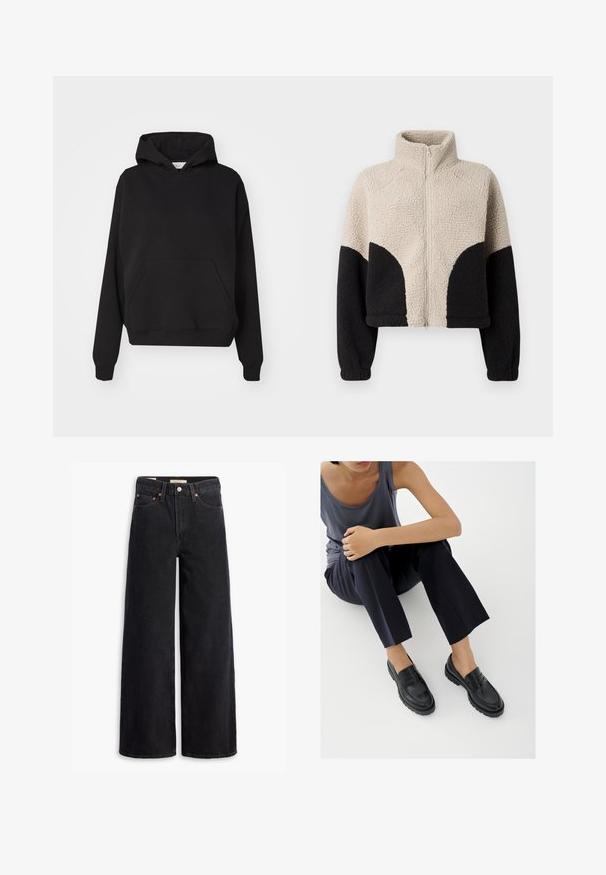 Zweifarbige Fleecejacke in Beige und Schwarz mit hohem Kragen, durchgehendem Frontreißverschluss und langen Ärmeln auf weißem Hintergrund.; Gina Tricot ICONIC HOODIE - Kapuzenpullover - black; Schwarze weite Jeans aus Denim mit fünf Taschen, Kupferrivets und einem klassischen Knopfverschluss. Glatte Textur mit einem klaren Design.; Schwarze Leder-Loafer mit strukturierten Akzenten, niedrigem Absatz, rundem Zehenbereich und sichtbarer Naht. Das Modell trägt dunkle Hosen und ein graues Oberteil.