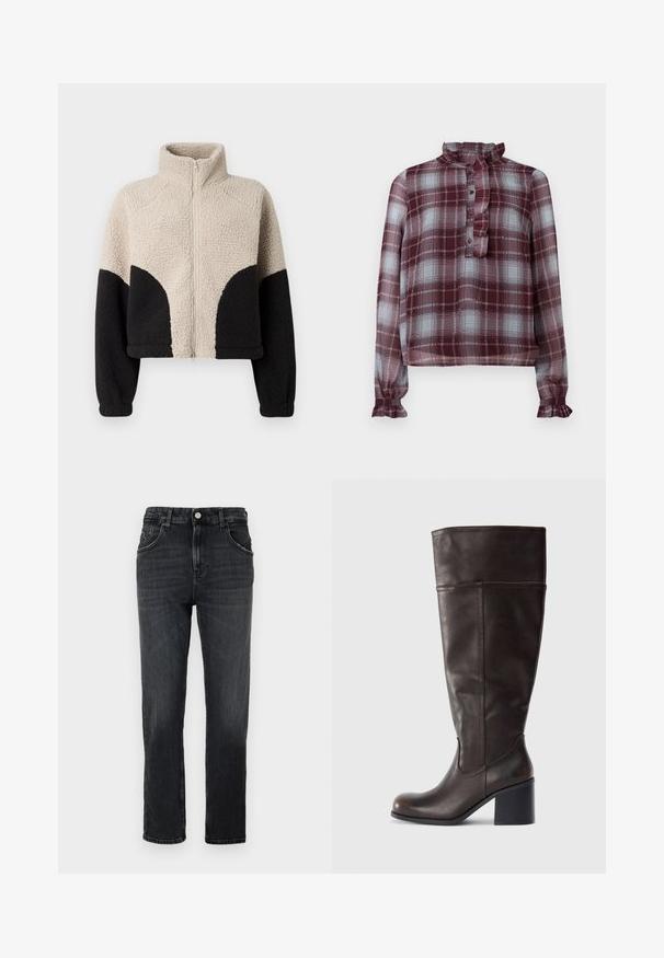 Tofarvet beige og sort fleecejakke med høj krave, hel lynlås foran og lange ærmer på hvid baggrund.; Langærmet bluse i bordeaux og lyseblå ternet design med flæset højkrave, frontknaplukning og flæset manchetter.; Mørkegrå denimjeans med en klassisk lige benpasform, fem lommer og en enkelt metalknaplukning i taljen.; Brun læder knæhøj støvle med rund tå og stablet hæl. Har en glat tekstur og sidelægning som detalje.
