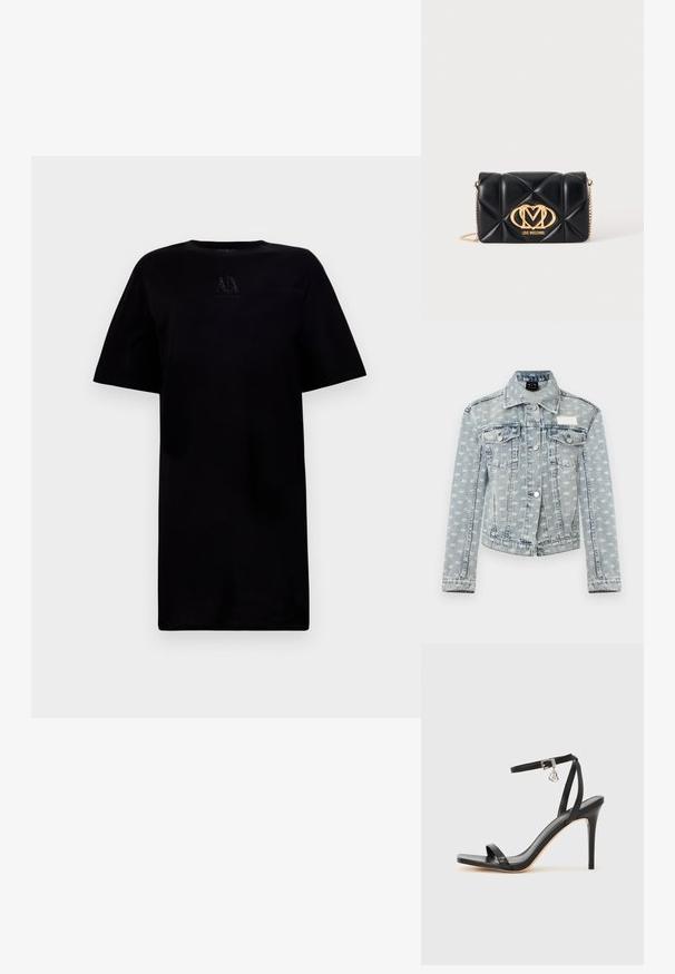 Veste en jean bleu clair avec un imprimé logo blanc partout, fermeture boutonnée devant, deux poches poitrine à rabats et col classique.; T-shirt noir à col rond et manches courtes, avec un détail de logo sur la poitrine. Fabriqué en tissu doux avec une coupe décontractée.; Sandale à talon haut noire avec une bride étroite à la cheville, bout carré, cuir lisse et accent de boucle métallique.; Sac à main en cuir matelassé noir avec bandoulière chaîne dorée et logo Love Moschino doré au centre devant.