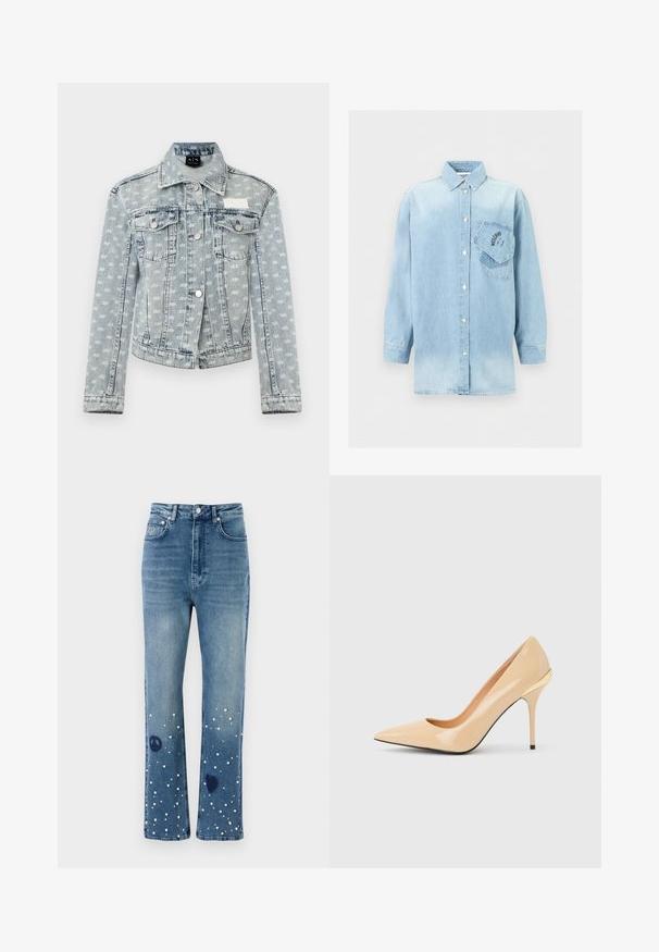 Vaaleansininen farkkutakki, jossa pieniä valkoisia logokuvioita kauttaaltaan, nappikiinnitys edessä, kaksi rintataskua läpillä ja klassinen kaulus.; Vaaleansininen denim-pitkähiha paita, jossa on napitus ja kaksi päällekkäistä rintataskua, joista toinen on vinottain ja siinä musta logoteksti.; Siniset farkut korkealla vyötäröllä, suora lahkeinen malli, koristeltu valkoisilla helmillä sekä rauhan ja sydämen symboleilla helman lähellä.; Beige värillinen kiiltävä nahkainen korkokengät, joissa on terävä kärki ja hoikka piikkikorko, takana pieni kullanvärinen yksityiskohta.
