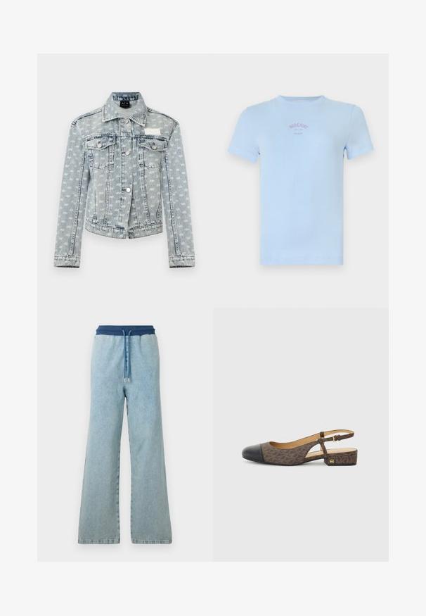 Lichtblauwe denimjas met overal kleine witte logoprints, knoopsluiting aan de voorkant, twee borstzakken met kleppen en een klassieke kraag.; Lichtblauw T-shirt met korte mouwen en ronde hals, met kleine roze tekst "Moschino Jeans 86-28" gecentreerd op de borst.; Lichtblauwe wijde denimbroek met een donkerblauwe elastische tailleband en bijpassend trektouw met metalen tips.; Slingback schoen met een bruine gestreepte stoffen bovenkant en een zwarte leren neus. Heeft een kleine blokhak en een gespstrap.