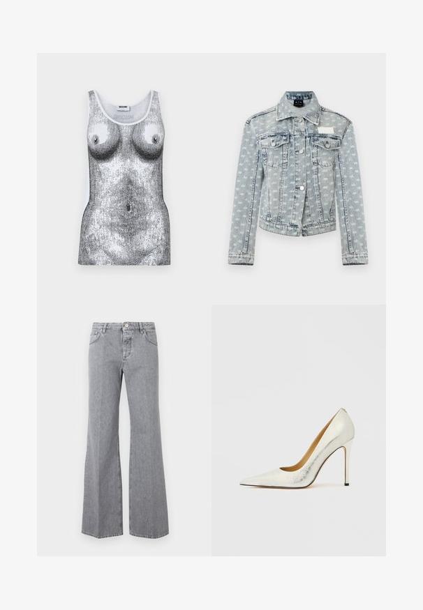 Lyseblå denimjakke med små hvite logoer over hele jakken, knappelukking foran, to brystlommer med klaffer og klassisk krage.; Hvit ermeløs tanktopp med trykk av en detaljert gråskala-grafikk av en kvinnelig overkropp, som viser bryster og midje, merket med Moschino.; Grå høytlivs denimjeans med frontknapper og glidelås, fem lommer og vide, utsvingte ben, vist på en ensfarget bakgrunn.; Hvit skinnhøye hæler med spiss tå og strukturert finish. Har en slank stilett-hæl og en glatt innerfôr.