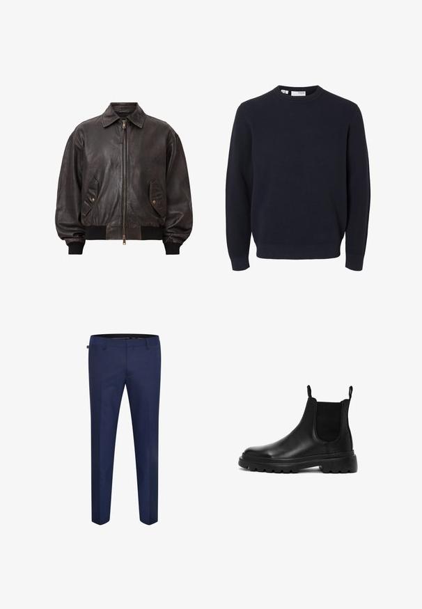 AllSaints MARCO - Nahkatakki - vintage black; Laivastonsininen pitkähihainen neulottu villapaita pyöreällä kaula-aukolla ja resorireunuksilla hihansuissa ja helmoissa, valmistettu strukturoidusta kankaasta.; Laivastonsiniset räätälöidyt housut, jotka on valmistettu sileästä kankaasta. Housuissa on slim fit -leikkaus ja tasainen etuosa ilman näkyviä taskuja tai koristeita.; Mustat nahkaiset Chelsea-saappaat joustavilla sivupaneeleilla, pyöreällä kärjellä, teksturoidulla pohjalla ja vetolenkeillä helppoa pukemista varten. Tasainen, kestävä muotoilu.