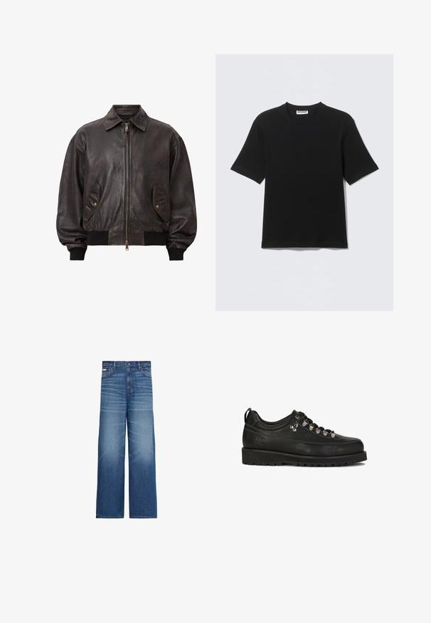 AllSaints MARCO - Lederjacke - vintage black; Schwarzes T-Shirt mit kurzen Ärmeln und Rundhalsausschnitt, mit einem "WEEKDAY"-Etikett innen am Kragen, flach auf einem hellen Hintergrund liegend dargestellt.; Blaue Jeans mit weitem Bein, ausgewaschenen Details, fünf Taschen und einem Knopfverschluss in der Taille.; Kazar Studio KS BLAISE - Sportlicher Schnürer - black