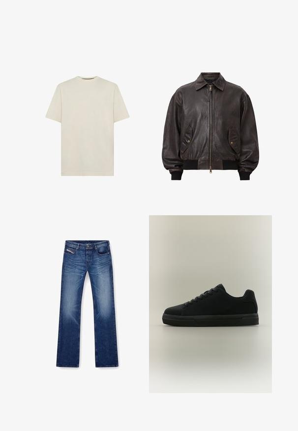 AllSaints MARCO - Nahkatakki - vintage black; Vaaleanbeige puuvillapaita, jossa on klassinen pyöreä kaula-aukko ja lyhyet hihat. Yksinkertainen, koristamaton muotoilu. Pehmeä kangas, normaali istuvuus.; Siniset farkut suoralla lahkeella, viidellä taskulla ja samanvärisellä ompeleella. Kankaan pinta on sileä ja siinä on pieniä haalistumia.; Musta matala tennari, jossa on nauhat, kumipohja ja sileä pinta, esitetty sivuprofiilissa neutraalilla taustalla.