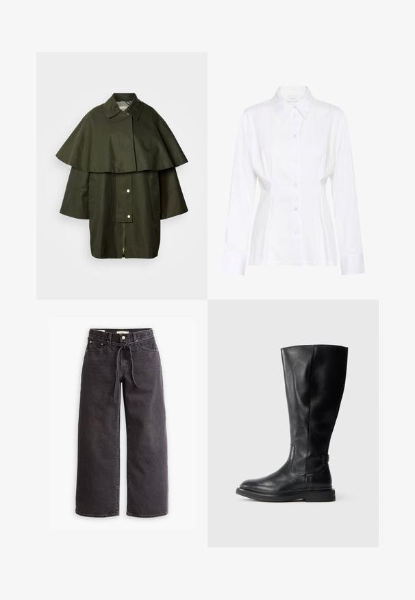 Manteau vert olive résistant à l'eau avec un design de cape large superposée, manches oversize, deux poches avant et une fermeture éclair frontale avec pressions.; Blouse blanche à manches longues avec col pointu, taille cintrée et étiquette de marque visible "Gestuz" à l'intérieur du col.; Jeans larges noirs en jean, dotés d'une taille à cordon de serrage, de cinq poches et de détails de couture contrastés. Design à l'avant plat.; Botte noire en cuir, montant jusqu'au genou, avec un bout rond, un-dessus légèrement texturé et une semelle en caoutchouc. Équipée d'un panneau latéral pour un enfilage facile.