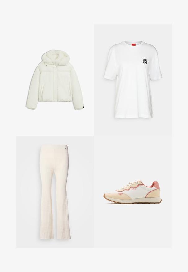 Puffige weiße Jacke mit einer mit Kunstfell gefütterten Kapuze, horizontalem Strukturmuster, Seitentaschen und vorderem Reißverschluss.; Weißes Baumwoll-T-Shirt mit kurzen Ärmeln, ausgestattet mit einem schwarzen "HUGO"-Logo auf der linken Brustseite und einem roten Etikett am Hals.; Rippstrick, cremefarbene Strickhosen mit ausgestellten Beinen und einem strukturierten Spitzenmuster am unteren Saum. Weiches Material mit einem enganliegenden Bund.; Weiße und rosa Turnschuhe mit einem Obermaterial aus Wildleder und Synthetik, ausgestattet mit einem Schnürdesign und einer strukturierten Außensohle. Branding an der Seite.