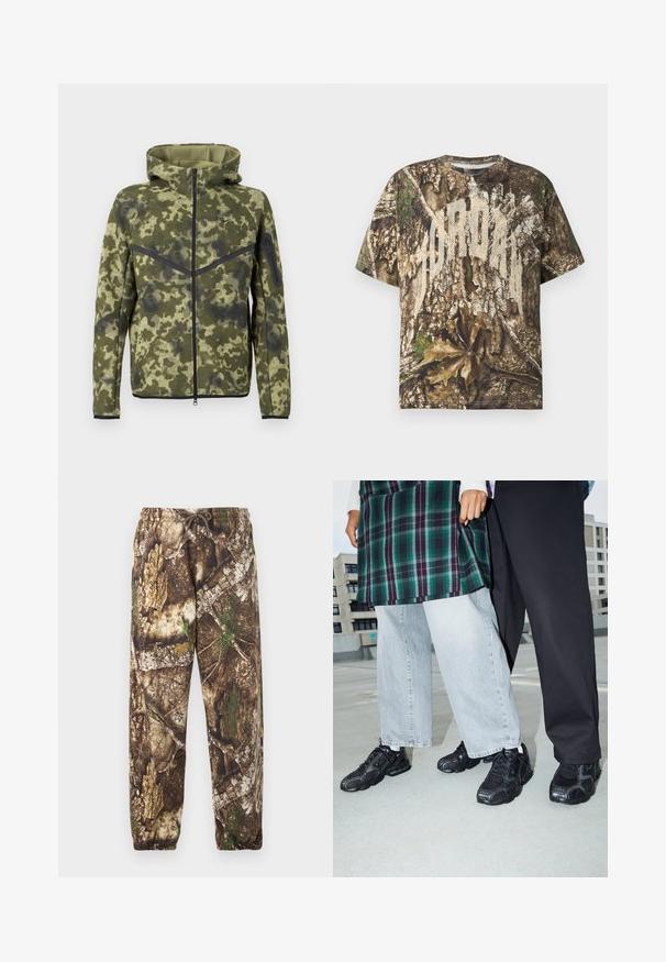 Chaqueta con capucha en un patrón de camuflaje verde. Fabricada en tejido texturizado con cierre de cremallera y costuras de acento en negro. Presenta un diseño ajustado.; Camiseta de manga corta con un estampado de camuflaje realista de corteza de árbol y hojas, y gran texto blanco desvanecido en el pecho.; Pantalones de chándal de camuflaje con un patrón natural en tonos marrón y verde, que cuentan con una cintura elástica con cordón y puños elásticos en los tobillos.; Zapatillas deportivas negras con acentos de malla y goma. Combinadas con jeans de pierna ancha de color gris claro y una blusa de cuadros verdes. Fondo de superficie plana.