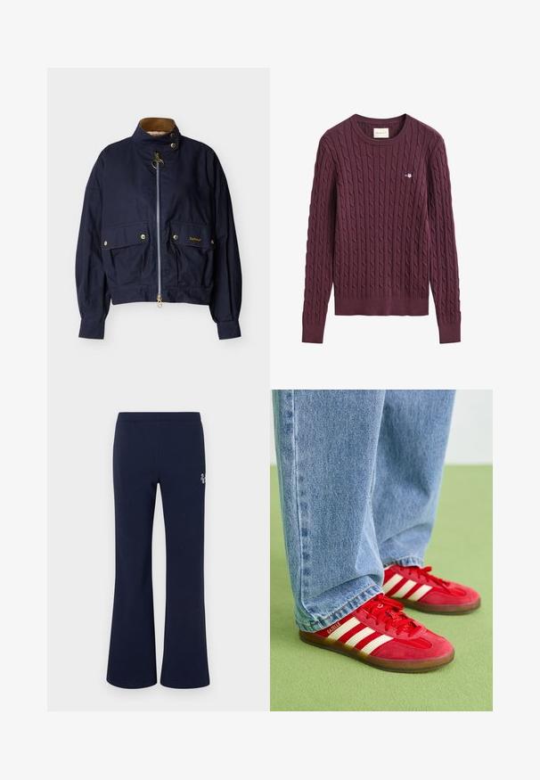 Veste légère bleu marine avec col montant, deux poches avant à rabat avec boutons-pression, et fermeture éclair centrale avec tirette en anneau.; Pull en maille torsadée bordeaux à manches longues avec un col rond et un petit logo sur la poitrine, fabriqué par GANT.; Pantalon de jogging bleu marine à jambes droites avec taille élastique et petit logo blanc sur la cuisse supérieure.; Baskets en daim rouge avec trois rayures blanches, bout rond et semelle texturée, associées à un jean en denim bleu clair sur un fond vert.