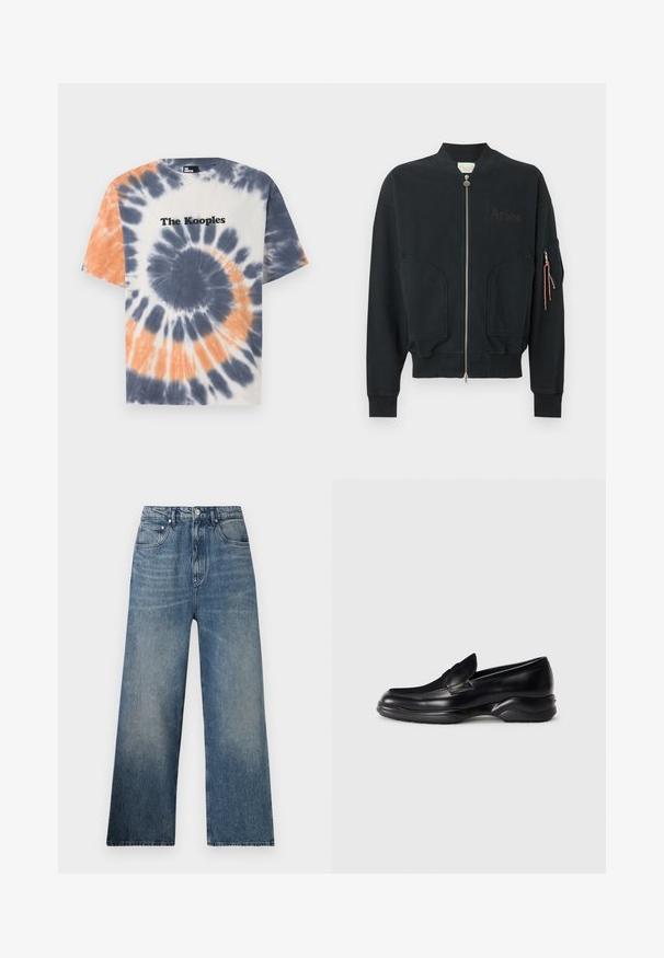 Chaqueta bomber negra con cremallera frontal, dos grandes bolsillos delanteros, logo de Aries en el pecho y bolsillo con cremallera y tiradores naranjas en la manga.; Camiseta de algodón con un patrón de tie-dye en azul, naranja y blanco, con cuello redondo y el logo de "The Kooples" en negro en el pecho.; Jeans de mezclilla azul de pierna ancha con cintura alta, que presentan un desgaste sutil, cinco bolsillos y un cierre de botón metálico en la parte delantera.; Mocasines de piel negra con una suela de goma texturizada y baja, y un diseño de costura en la parte superior. Presenta una punta redondeada y mínimas ornamentaciones.