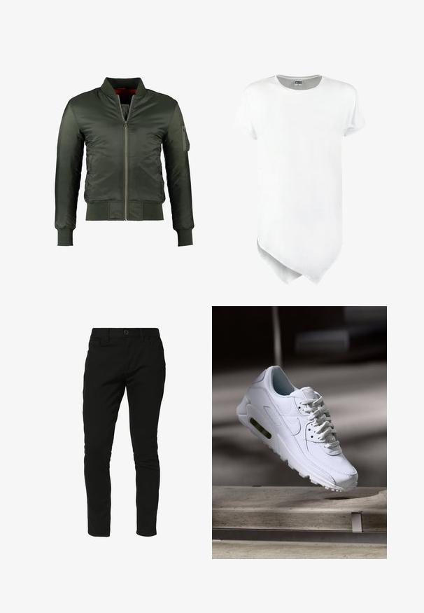 Tmavozelená bomber bunda s predným zipsom, žebrovaným golierom, manžetami, lemom, bočnými vreckami na gombíky a vreckom na zips na ľavom rukáve.; Bielo tričko s krátkymi rukávmi a okrúhlym výstrihom, s asymetrickým lemom, vyrobené z bavlneného materiálu s hladkou textúrou.; Next SUPER SKINNY - Džínsy skinny fit - black; Biele kožené tenisky s textúrovanými povrchmi, polstrovaným golierom a viditeľným vzduchovým odpružením v podrážke. Majú šnúrky a minimalistický dizajn.