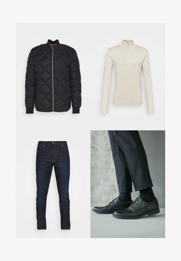 Lindbergh QUILTED - Veste mi-saison - black; Pull en col roulé beige clair en tissu doux, avec des manches longues et une coupe ajustée, agrémenté de détails côtelés au col et aux poignets.; Jean en denim bleu foncé à coupe slim, avec cinq poches et fermeture à bouton. Présente des coutures contrastantes et une texture lisse.; Chaussures habillées en cuir noir portées avec des chaussettes noires et un pantalon noir sur mesure sur fond de mur gris en béton lisse.
