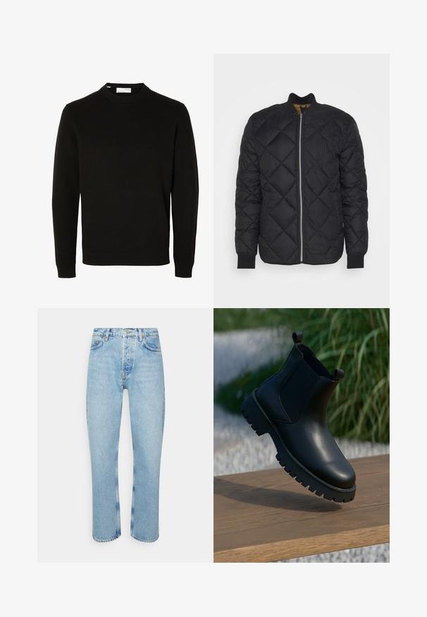 Lindbergh QUILTED - Jas - black; Zwarte lange mouws trui met ronde hals en geribbelde boorden en zoom, afgebeeld op een effen witte achtergrond.; Lichtblauwe denim jeans met een rechte snit, hoge taille, vijf-pocket ontwerp en zichtbare stikseldetails op de naden en zomen.; Zwarte leren enkellaarsjes met elastische zijpanelen, ronde neus en robuuste zool, tentoongesteld op een houten oppervlak.