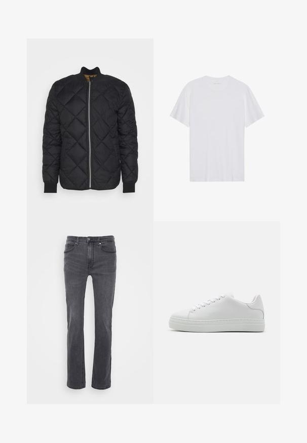 Lindbergh QUILTED - Overgangsjakke - black; Hvid bomulds T-shirt med korte ærmer, rund hals og en glat tekstur. Har minimal branding på halsudskæringen.; Grå denimjeans med lige bendesign, der har forlommer og en klassisk knaplukning. Glat tekstur med subtile blegninger.; Hvide lædersneakers med en chunky platformsål, rund tå og seks snørehuller. Glat tekstur med subtile syninger.