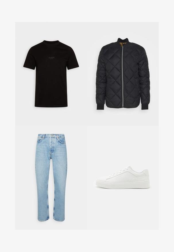 Lindbergh QUILTED - Übergangsjacke - black; Schwarzes T-Shirt mit kurzen Ärmeln aus Baumwolle, mit Rundhalsausschnitt und einem dezenten Frontlogo auf der Brust, das "GUESS EST. 1981" zeigt.; Hellblaue Jeans aus Denim mit geradem Schnitt, hoher Taille, fünf Taschen-Design und sichtbaren Nähten an den Nähten und Säumen.; Weiße Low-Top-Sneaker aus glattem Leder mit runder Schuhspitze, flachen Sohlen und dezentem Branding an der Seite.