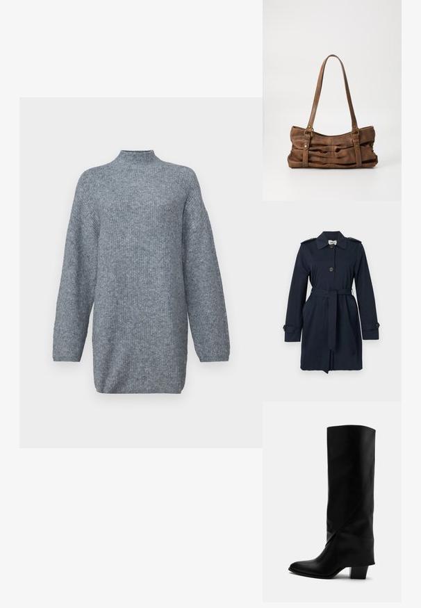 Marineblå langærmet trenchcoat med bælte i taljen, knappet foran, skulderepauletter og knappede manchetter.; Grå strikket trøje med høj hals, oversized silhuet og lange ærmer. Stof med et subtilt tekstureret mønster.; Høj sort læderstøvle med skråt syning, spids tå og kraftig mellemhøj hæl på hvid baggrund.; Even&Odd Håndtasker - brown