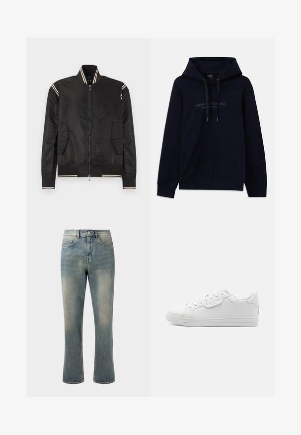 Sort bomberjakke lavet af skinnende nylon med cremefarvede stribede detaljer på kraven og manchetterne, to sidelommer og lynlås foran.; Marineblå hoodie med snoretræk og "Armani Exchange Milano / New York" trykt på brystet, med ribbede manchetter og kant.; Lys blå denim jeans med lige ben, mellemhøj talje og subtilt slid. Har klassisk lomme-design og kontrasterende stikninger.; Hvide lædersneakers med afrundet tå, seks øjer, flade snørebånd og minimalistisk design. Har et lille logo på siden.