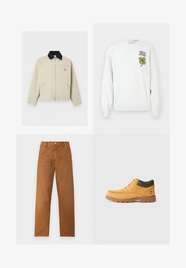 Béžová bunda Carhartt s čiernym golierom, celým predným zipsom, dvoma bočnými vreckami a malým zipsovým náprsným vreckom s logovou nášivkou.; Sivá mikina z textúrovaného materiálu, s okrúhlym výstrihom, dlhými rukávmi a potlačou zeleného štvorlístka a textu na hrudi.; Hnedé rovné nohavice s opaskovými očkami, prednými vreckami a zapínaním na gombík, zobrazené na jednoduchom svetlom pozadí.; Žlté kožené topánky s hnedou gumovou podrážkou, okrúly špička a zeleným koženým detailom okolo členku. Obsahujú zlaté očká a akcenty na šití.