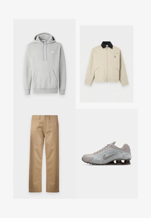 Béžová bunda Carhartt s čiernym golierom, celým predným zipsom, dvoma bočnými vreckami a malým zipsovým náprsným vreckom s logovou nášivkou.; Svetlosivá mikina s kapucňou z mäkkej tkaniny, s klokanie vrecko, sťahovacou šnúrkou na kapucni a malým bielym logom na hrudi.; Hnedé chinos nohavice z hladkej bavlnenej tkaniny, s klasickým strihom rovnej nohy, prednými vreckami a jedným zadným vreckom.; Běžecká obuv Nike ve světle šedé barvě s hladkým povrchem, zakřiveným designem a viditelnými odpružovacími pružinami v tmavě hnědé barvě na patě.